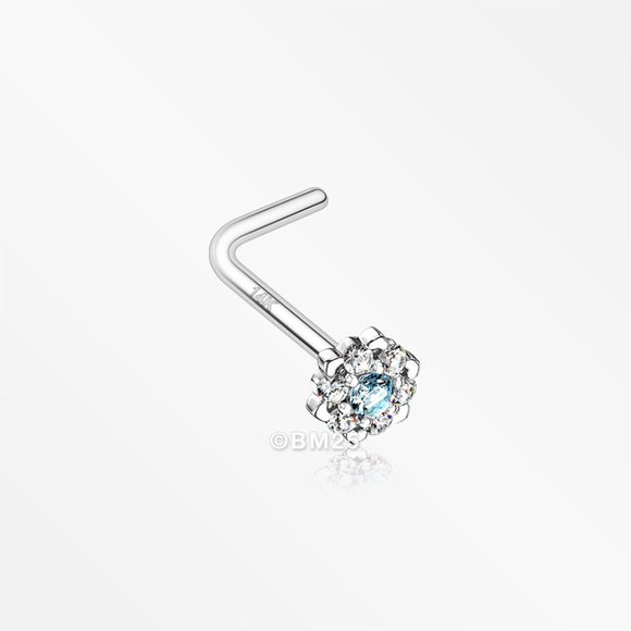 14 Karat White Gold Glistening Multi-Gem Flower Sparkle L-Shaped Nose Ring - Picture 5 of 5